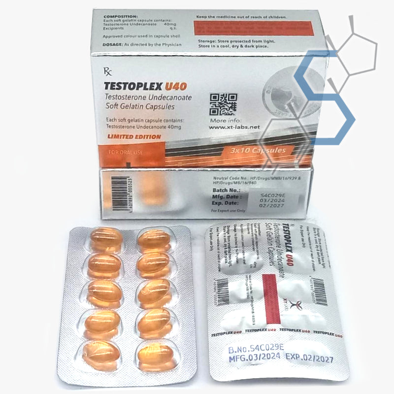 Testoplex U40 | Undecanoato de Testosterona ORAL 40mg 30 cápsulas Orales XT Labs - Super Soldados